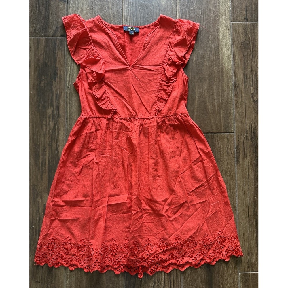 OVS Red Eyelet Lace Hem‎ Ruffle V-Neck Mini Dress Sleeveless Elastic Waist IT 42